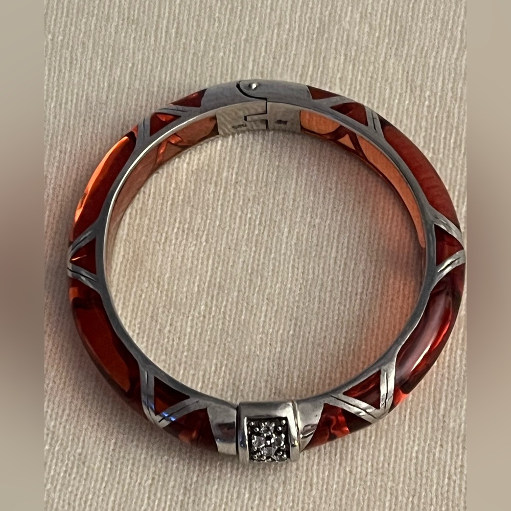 Vintage Angelique De Paris Sterling Silver Amber Resin Hinged Bangle Bracelet